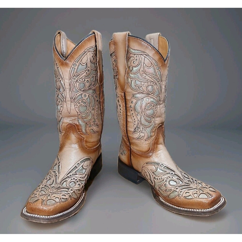 Corral Teens Western Boots Girls 3 Tan/Brown Leather Cutout Butterfly Overlay